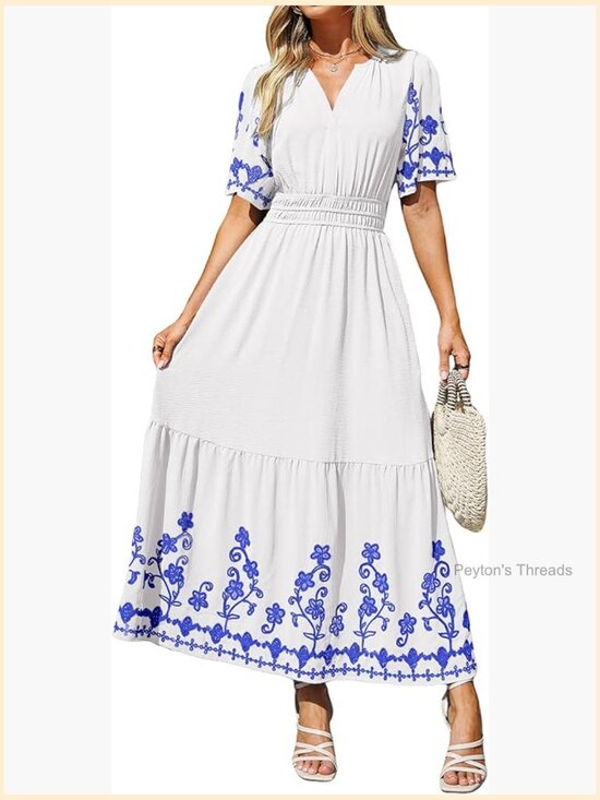 Dresses & Skirts - Women's Maxi Dress Short Sleeve V-Neck Embroidery Floral Boho Wedding Guest